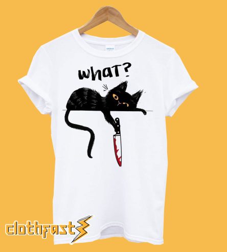 Cat What Funny Murderous Black Cat With Knife Halloween T-Shirt